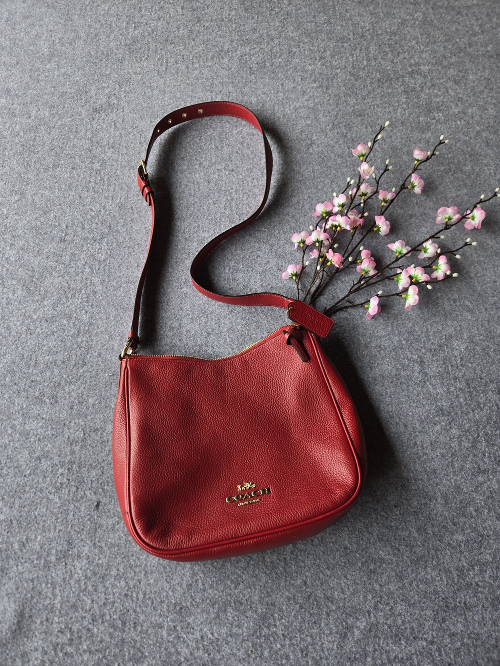 Coach Red Cherry "Rare" Pebble Leather Zip Top Shoulder Bag.